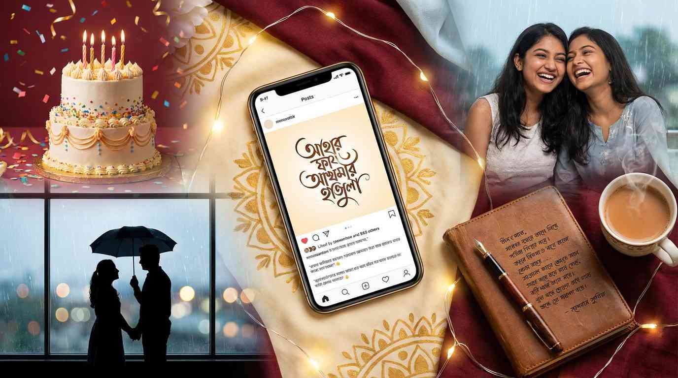 বাংলা উক্তি ক্যাপশন ও শুভেচ্ছা হাব পেজের ফিচার্ড ইমেজ যেখানে জন্মদিন প্রেম বন্ধুত্ব বৃষ্টি ও সামাজিক যোগাযোগমাধ্যমের বিষয়বস্তু তুলে ধরা হয়েছে