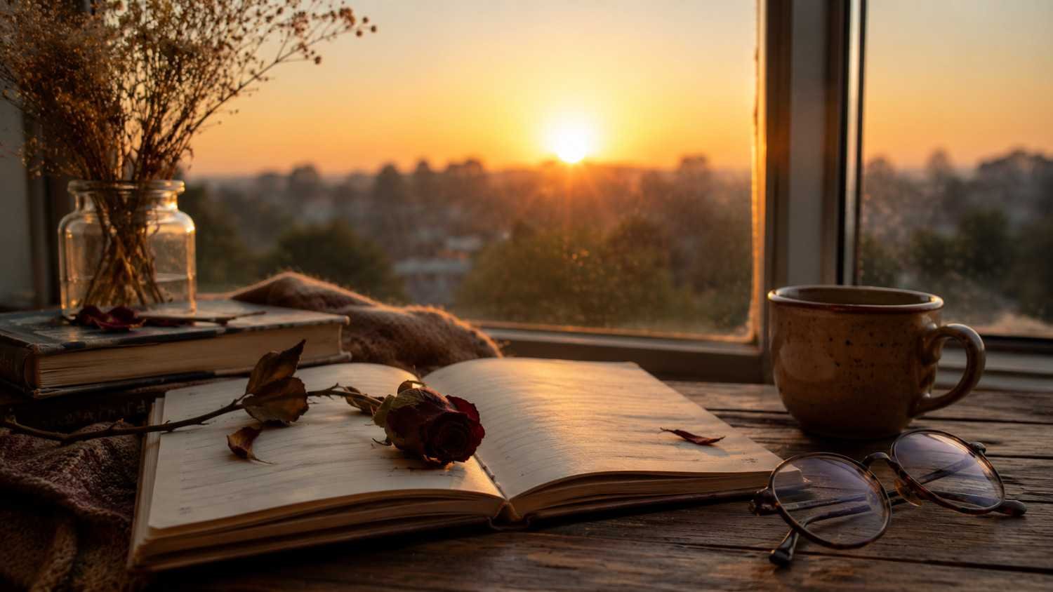 Journal, dried rose and sunrise symbolizing Bengali breakup quotes and healing.
