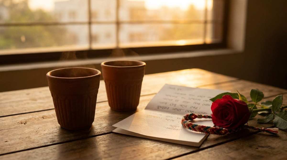 Greeting card with rose and friendship bracelet symbolizing Bengali love and friendship quotes.
