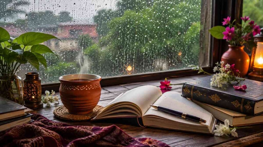 Rainy window with tea and notebook symbolizing Bengali rain quotes and reflections.