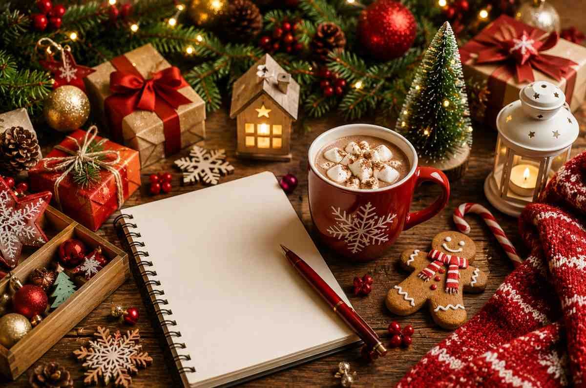 Cozy Christmas decorations with gifts, hot chocolate, ornaments, and DIY holiday inspiration.