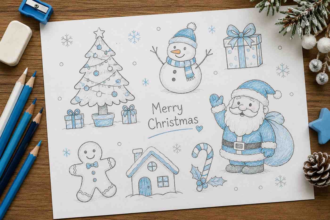 Simple Christmas pencil drawings with light cyan coloring for kids, students, and beginners featuring Santa Claus, Christmas tree, snowman, gifts, and a snowy house.