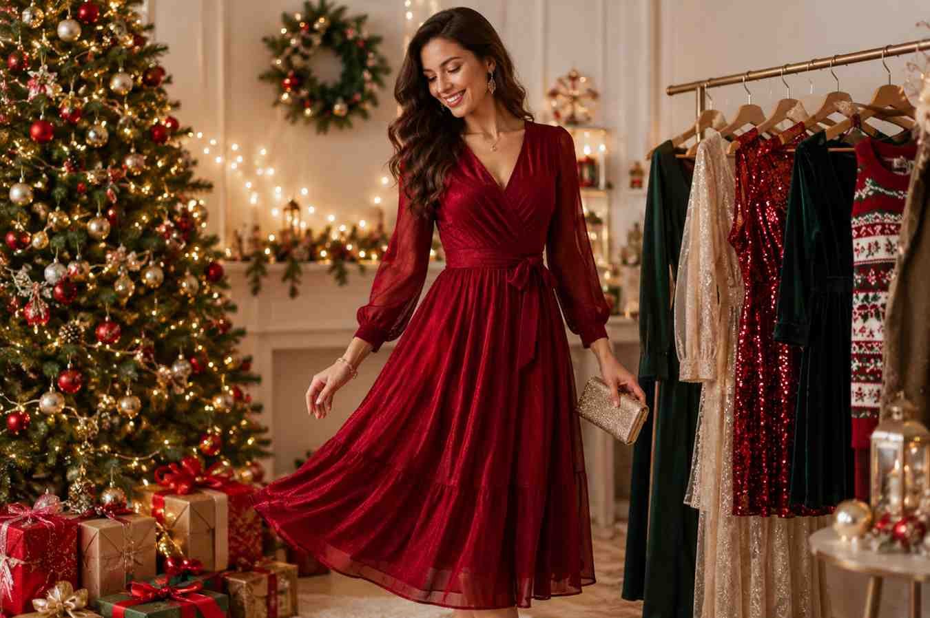 Woman wearing a stylish red Christmas dress with festive holiday decorations and Christmas tree.
