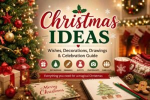 Christmas ideas featuring festive decorations, holiday wishes, Christmas tree, drawings, gifts, and celebration inspiration.