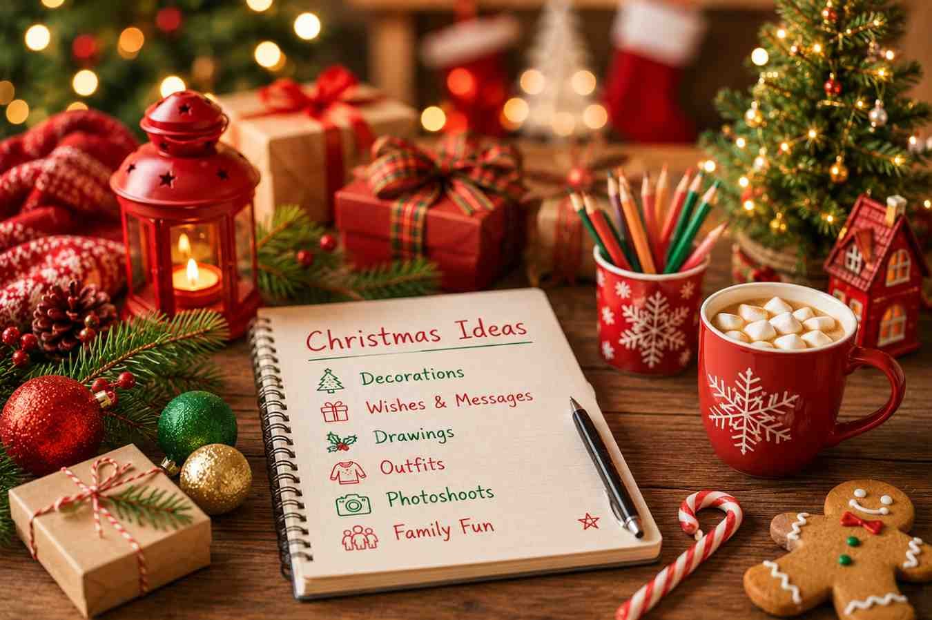 Christmas ideas planning with festive decorations, gifts, holiday notebook, ornaments, and seasonal inspiration.