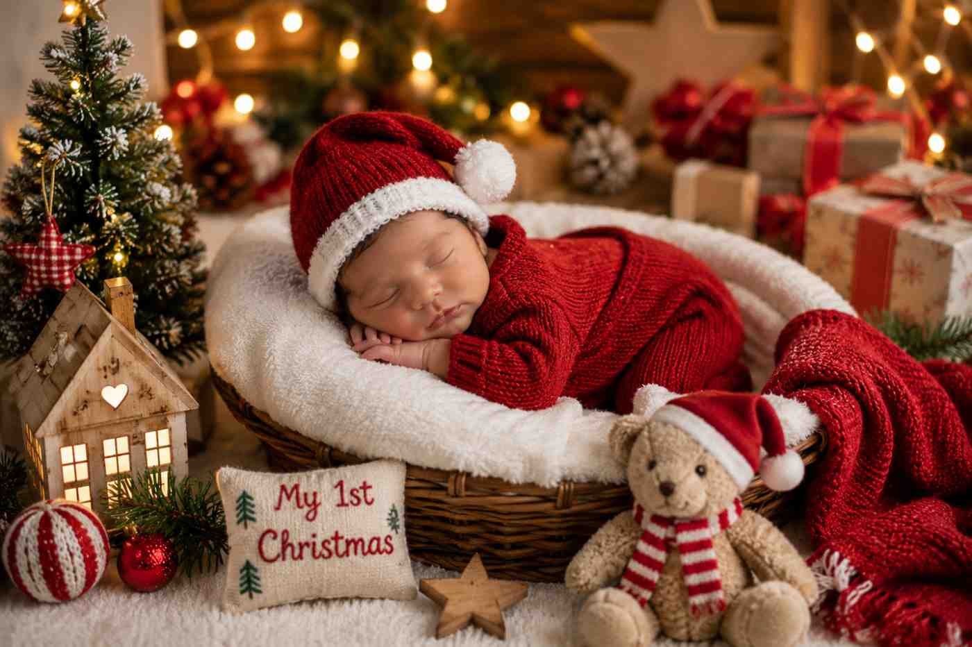Sleeping newborn in a festive Christmas outfit surrounded by holiday decorations, gifts, fairy lights, and a Christmas tree.