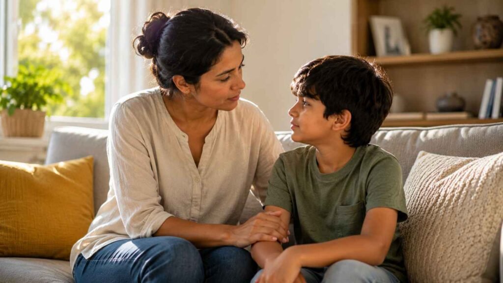 Parent and child having a calm conversation after strict parenting, showing trust, healing, and emotional connection.