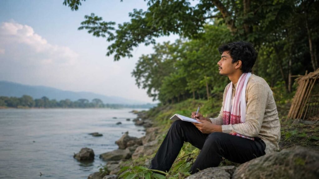 Assamese student finding ideas in nature for assamese poem writing beside a river.