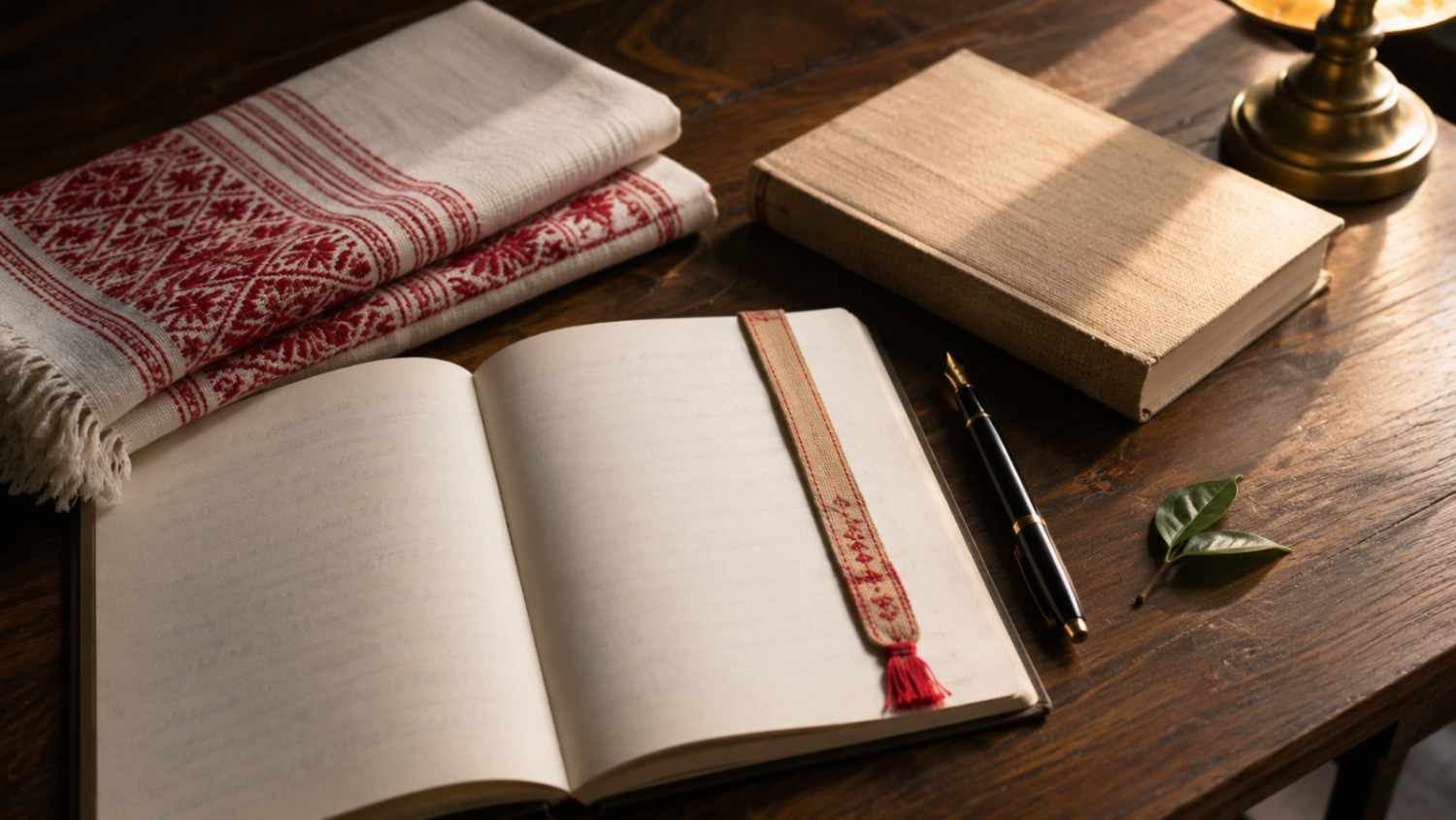 ALT Text: Notebook, Assamese literature book and gamosa arranged for studying a poem summary and question answers.