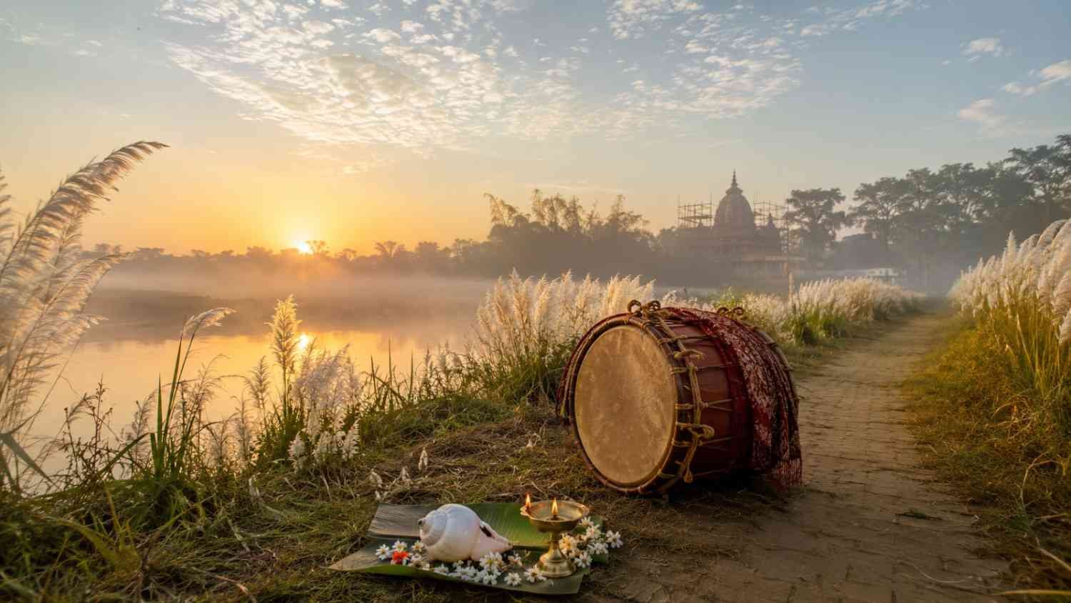 Agomoni Quotes in Bengali represented by Kash flowers, Shiuli, dhak and a golden Mahalaya morning
