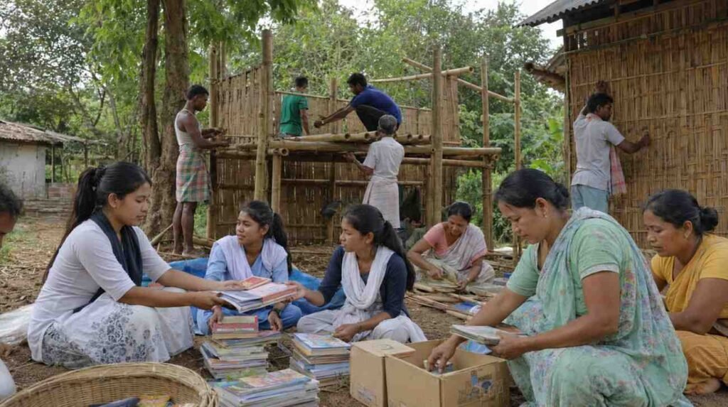 Assamese families working together in a village community activity representing shared well-being.