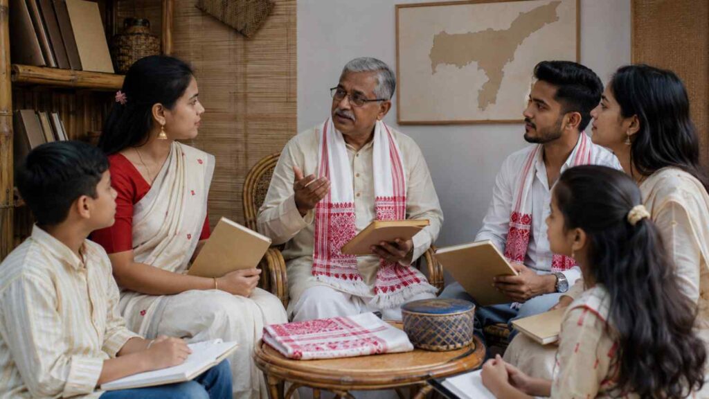 Assamese students learning about language, literature and shared cultural heritage with a teacher.