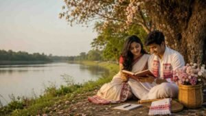 Assamese literature students reading an assamese love poem together beside a peaceful river.