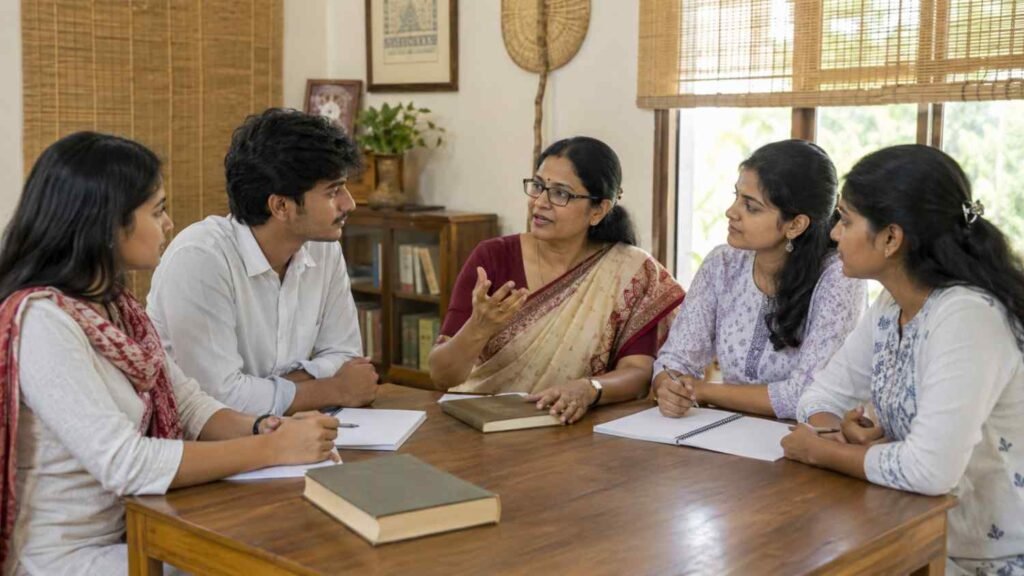 Assamese students discussing romantic poetry, symbolism and literary history with their teacher.