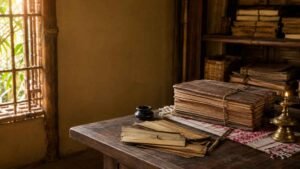 Ancient manuscript and writing desk representing assamese old poems and Assam’s literary heritage.