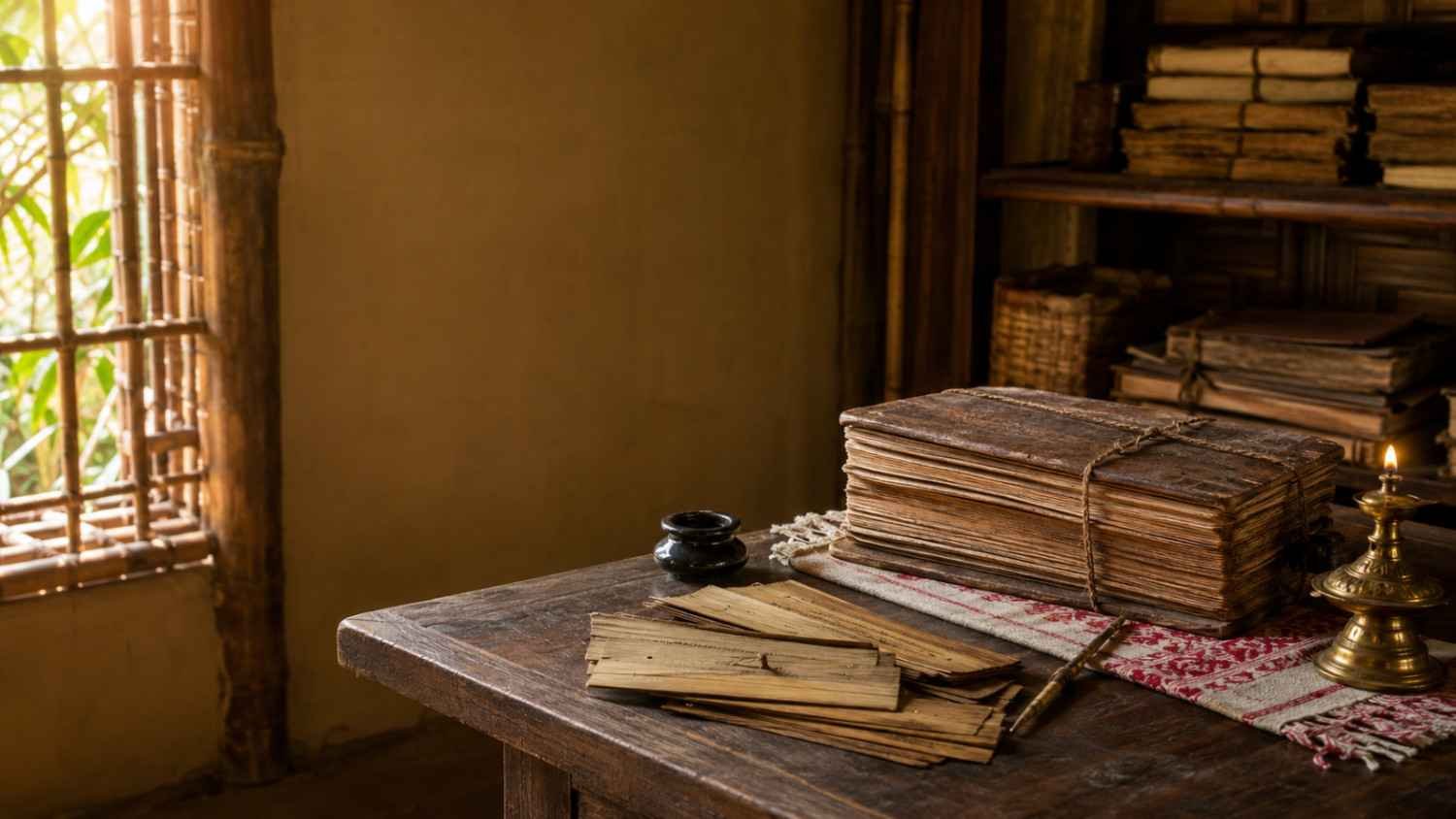 Ancient manuscript and writing desk representing assamese old poems and Assam’s literary heritage.
