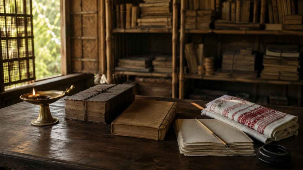 Traditional manuscript and Assamese literature books representing the heritage of patriotic poetry.
