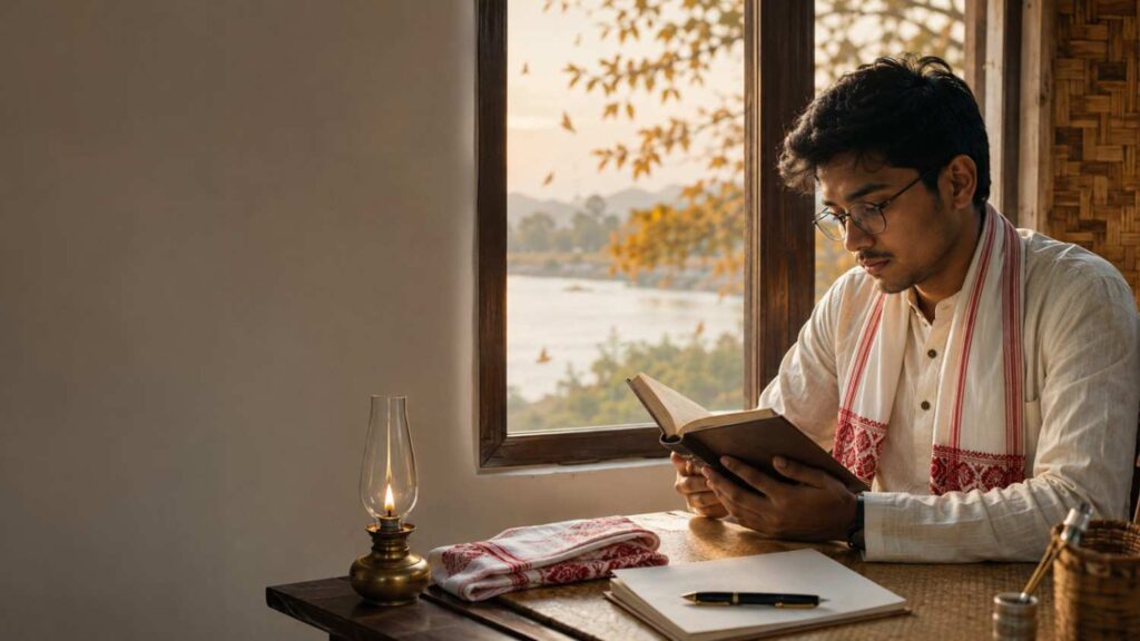 Assamese reader studying an assamese poem on death beside a quiet window with a poetry book and gamosa.