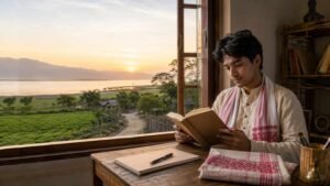 Assamese reader exploring an assamese poem on life beside a peaceful Brahmaputra landscape.