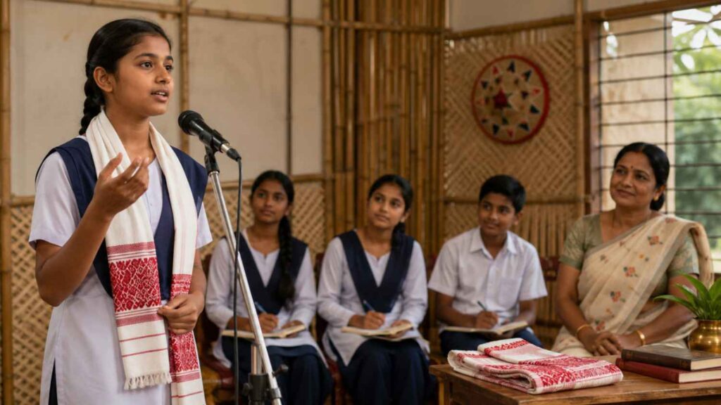 Assamese student confidently reciting a poem before classmates and a teacher.