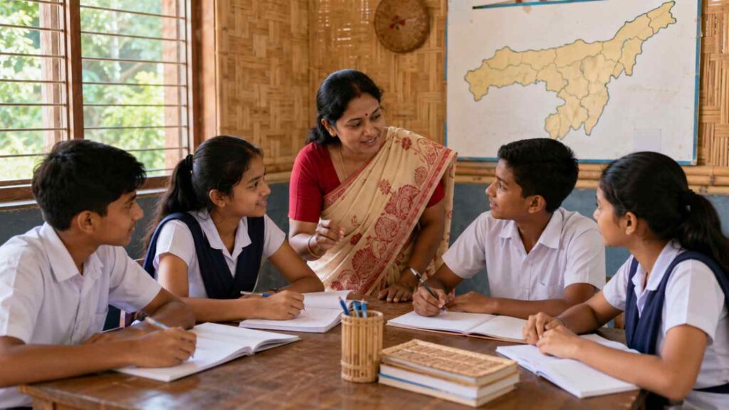 Assamese teacher helping students understand the meaning and central idea of a poem.
