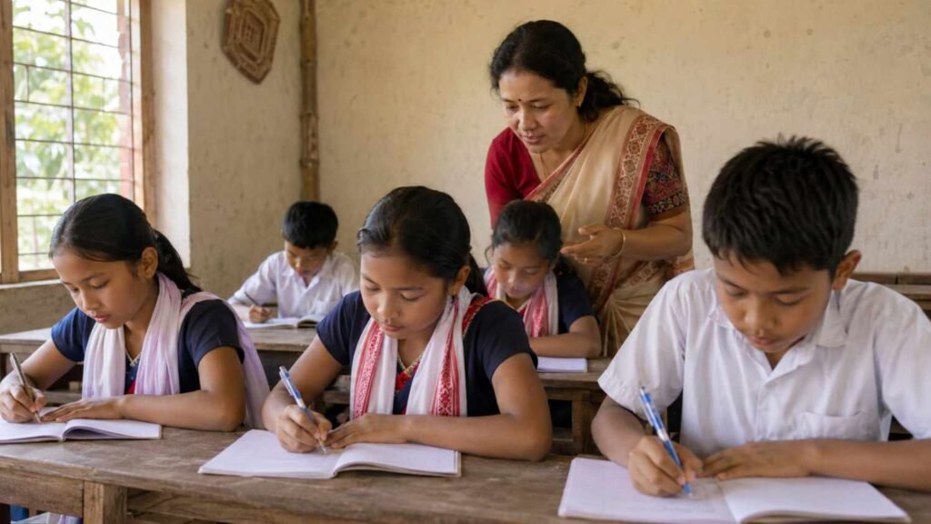 Classroom scene of students learning assamese poem writing with teacher guidance.