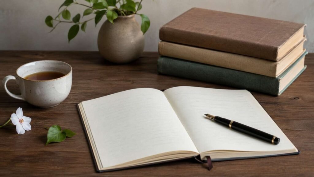 Creative desk setup for assamese poem writing with notebook, pen, books and tea.