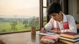 Assamese student practicing assamese poem writing beside a window with books, notebook and gamosa.