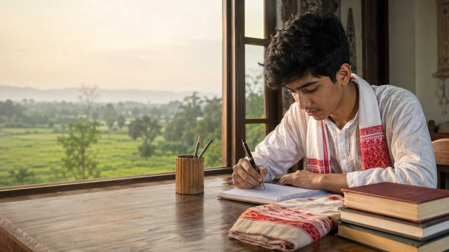 Assamese student practicing assamese poem writing beside a window with books, notebook and gamosa.