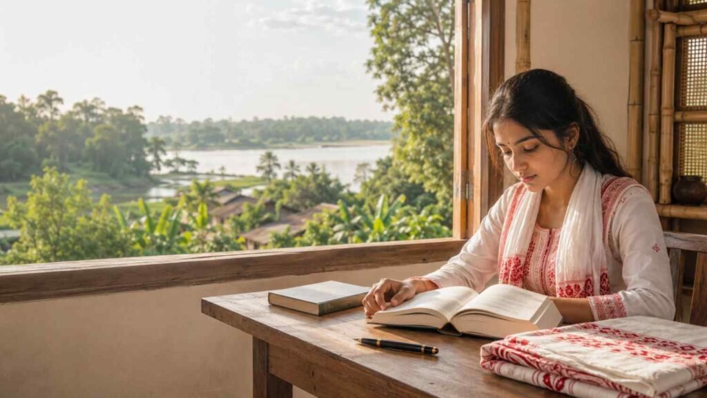 Assamese reader studying Assamese poems beside a window overlooking a green river landscape.