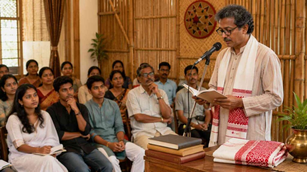 Assamese poet reading at a literary gathering attended by students, teachers and poetry readers.