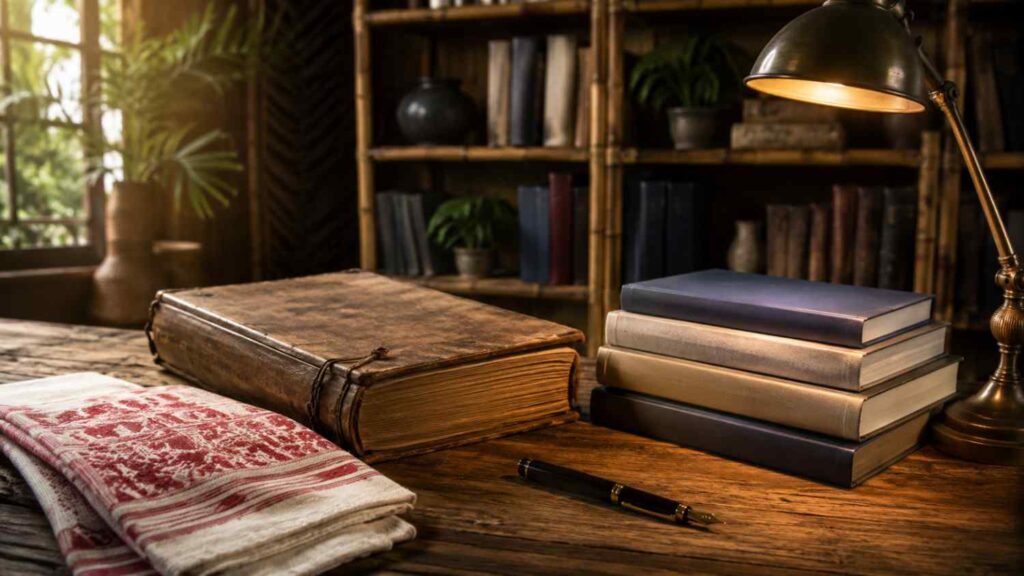Old and modern Assamese literature books arranged on a study desk to represent Assamese poetic heritage.