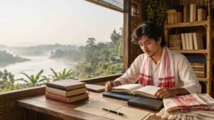 Assamese reader studying poetry books representing famous Assamese poets and Assam’s literary heritage.