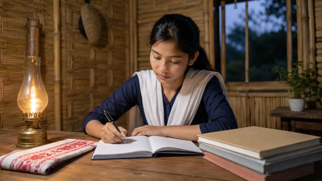 Assamese student studying with discipline and hope in a simple rural home.