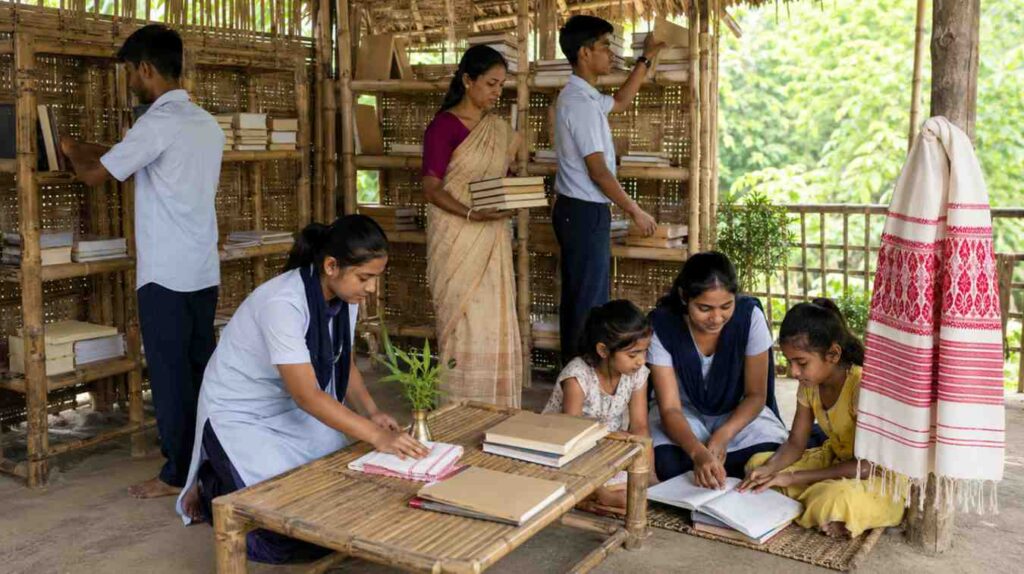 Assamese students taking part in a community learning activity representing responsible citizenship and service.