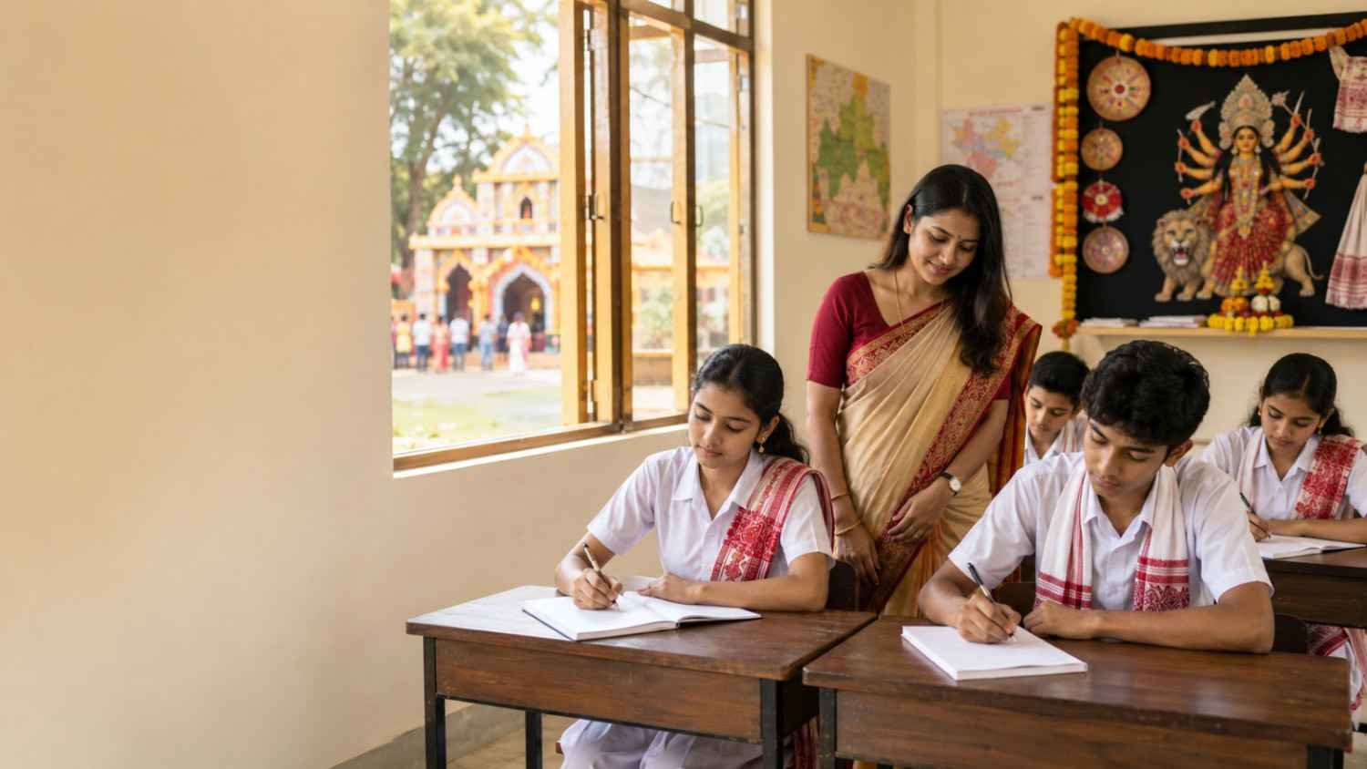 Assamese school students writing an essay on Durga Puja in a classroom with cultural learning environment