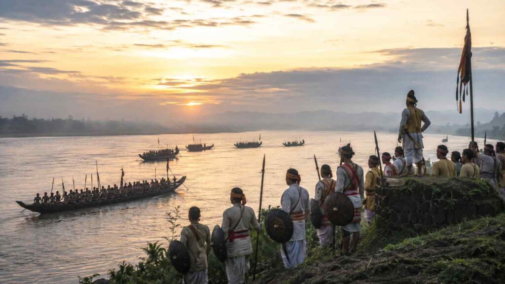 Traditional riverboats on the Brahmaputra representing the historical background of the Battle of Saraighat.
