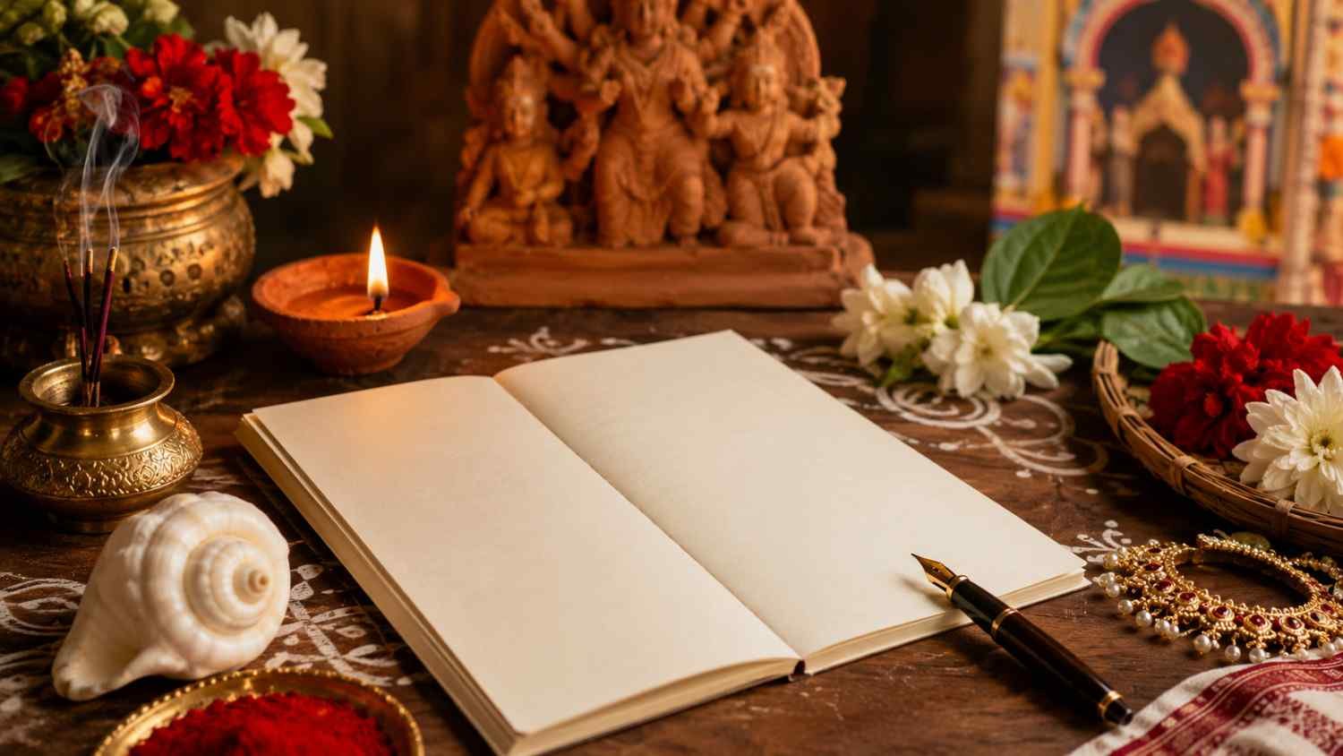 Durga Puja Quotes in Bengali represented by a blank quote card with flowers, diya and traditional festive elements