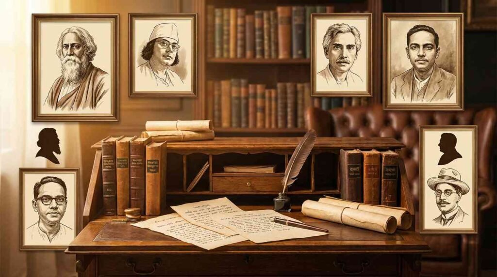 Featured image showing iconic Bengali literary figures with vintage books and manuscripts representing Bengali writers quotes