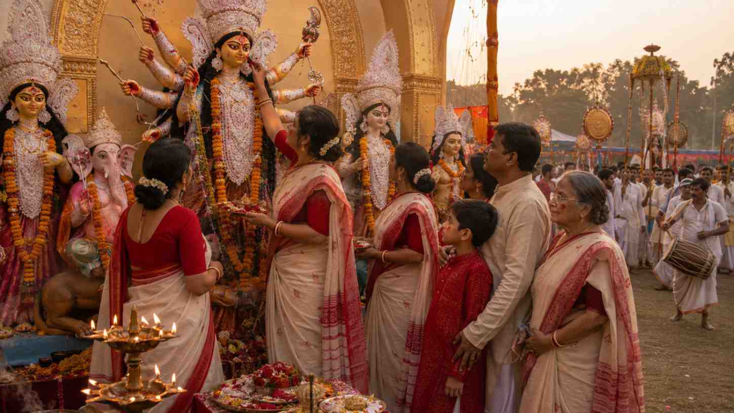 Bijoya Dashami Status Bengali represented by Maa Durga’s emotional farewell and traditional Sindoor Khela