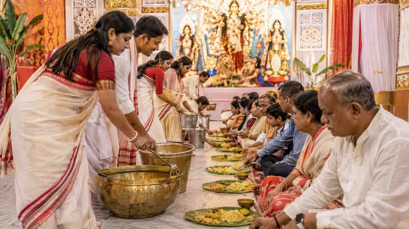 Community Durga Puja Bhog being served to devotees in a Bengali pandal