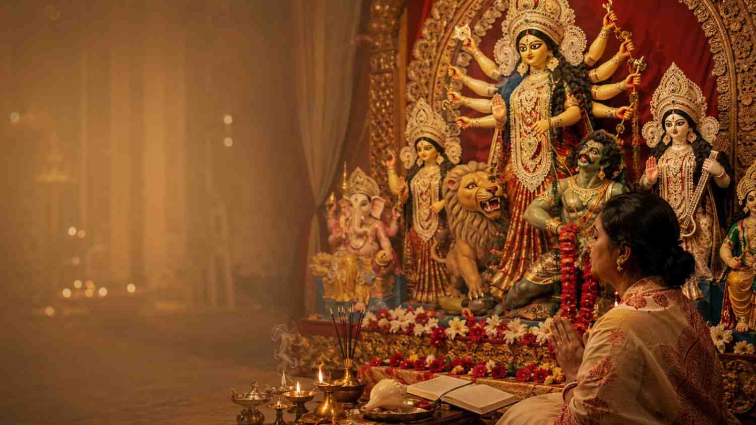 Durga Mantra in Bengali chanted by a devotee before Maa Durga with flowers, diya and incense