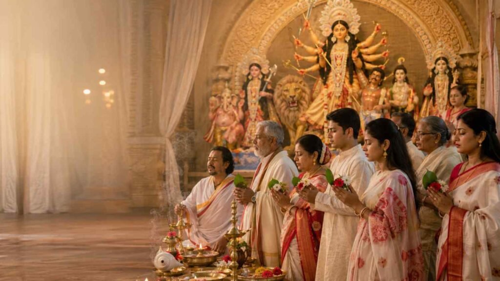 Durga Puja Anjali Mantra recited by Bengali devotees holding flowers and bel leaves before Maa Durga