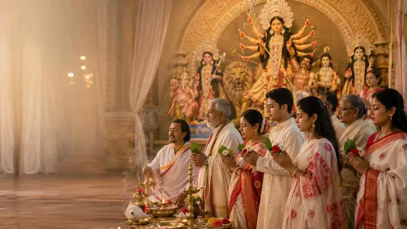 Durga Puja Anjali Mantra recited by Bengali devotees holding flowers and bel leaves before Maa Durga