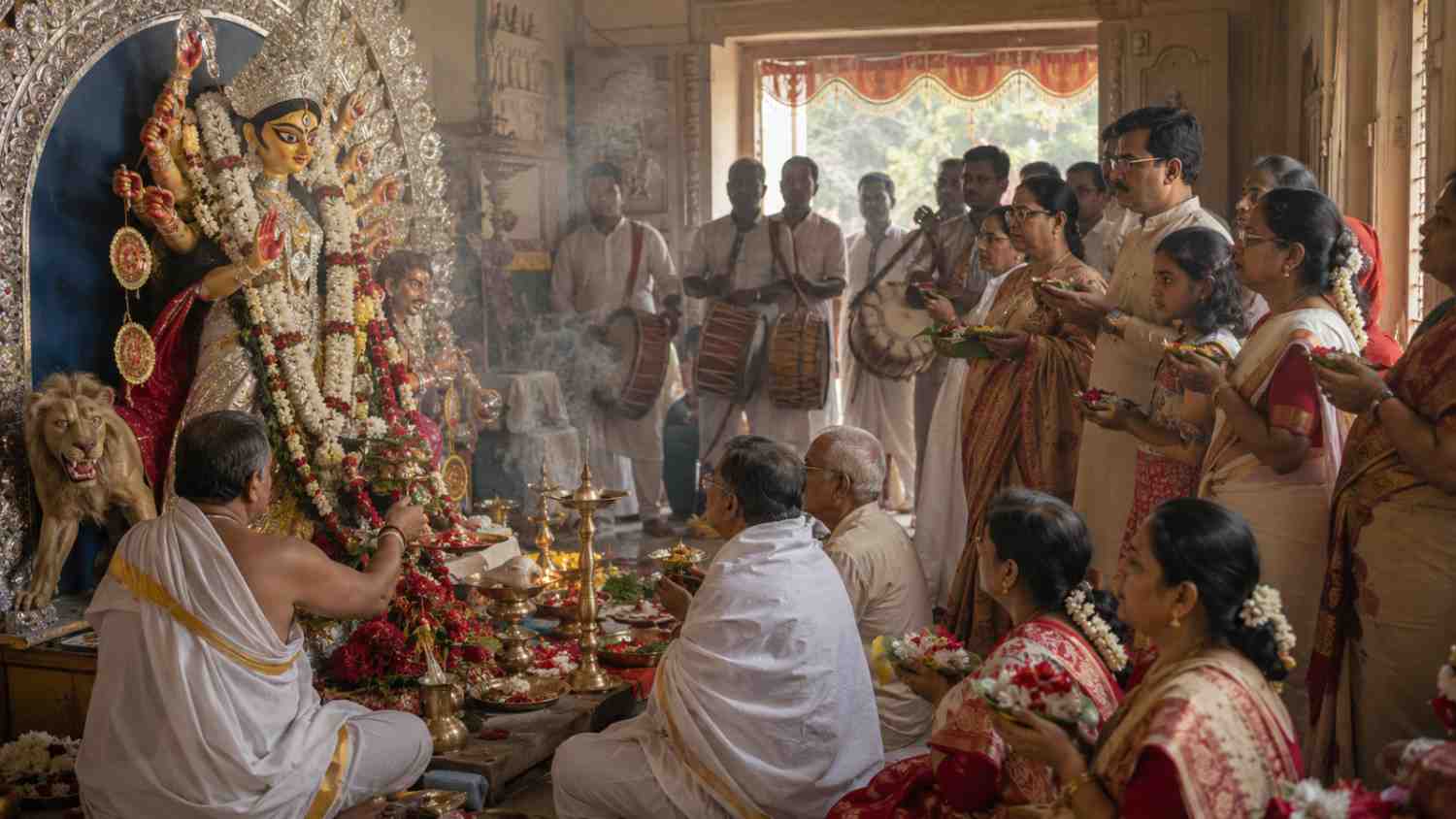 Devotees offering flowers during Maha Ashtami Pushpanjali at a traditional Durga Puja pandal