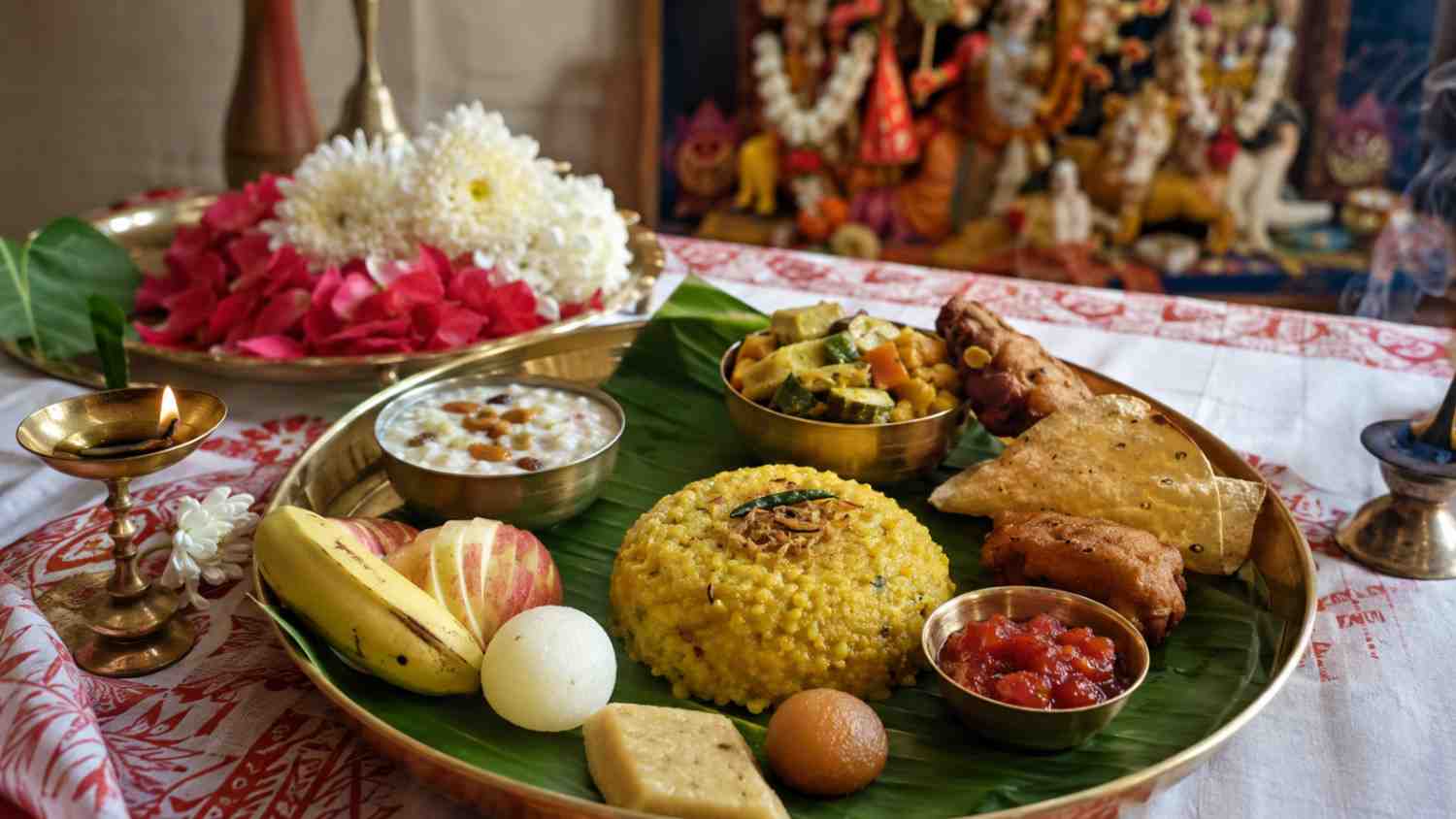 Traditional Bengali Durga Puja Bhog menu with khichuri, labra, payesh and sweets