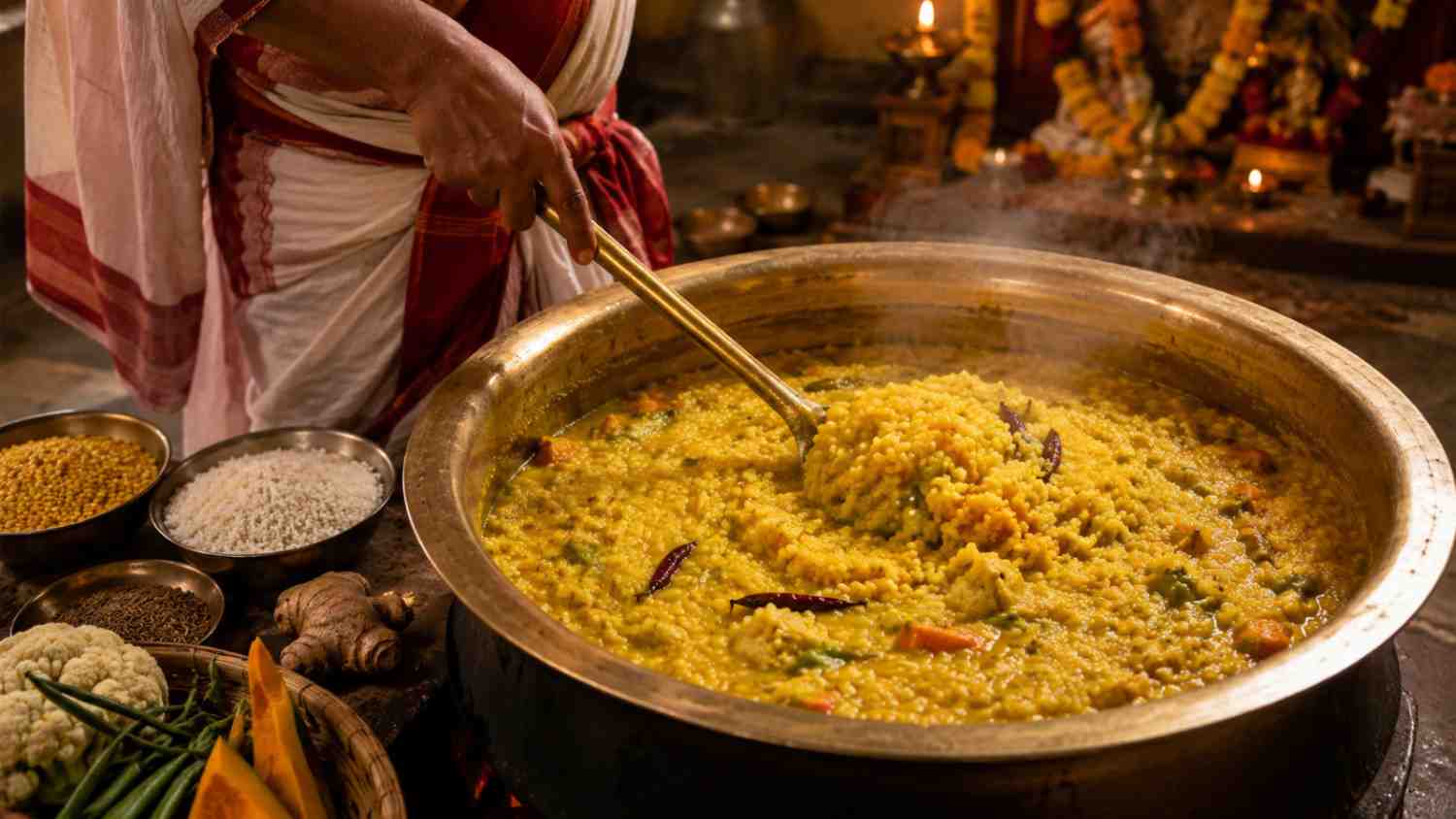 Durga Puja Bhog khichuri preparation in traditional Bengali style