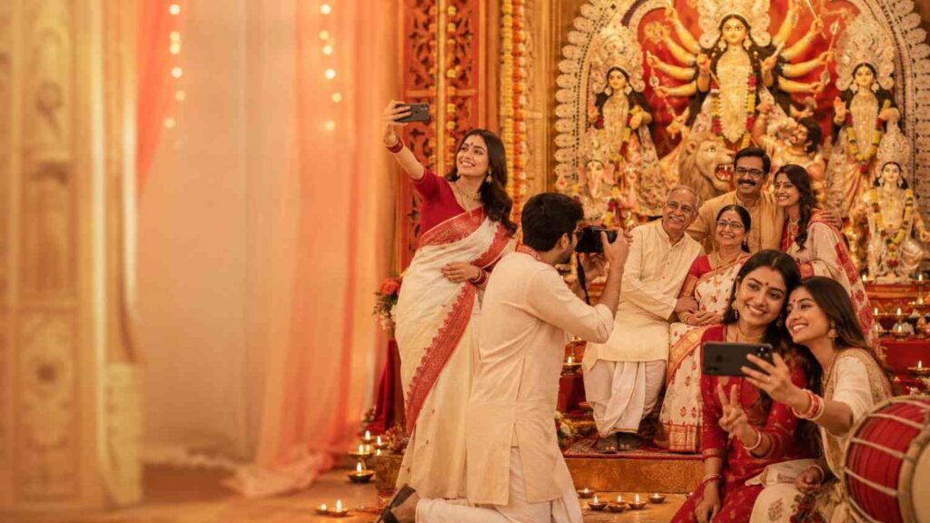 Durga Puja Caption in Bengali for family photos, selfies, traditional outfits and pandal visits Image Title: Durga Puja Caption in Bengali