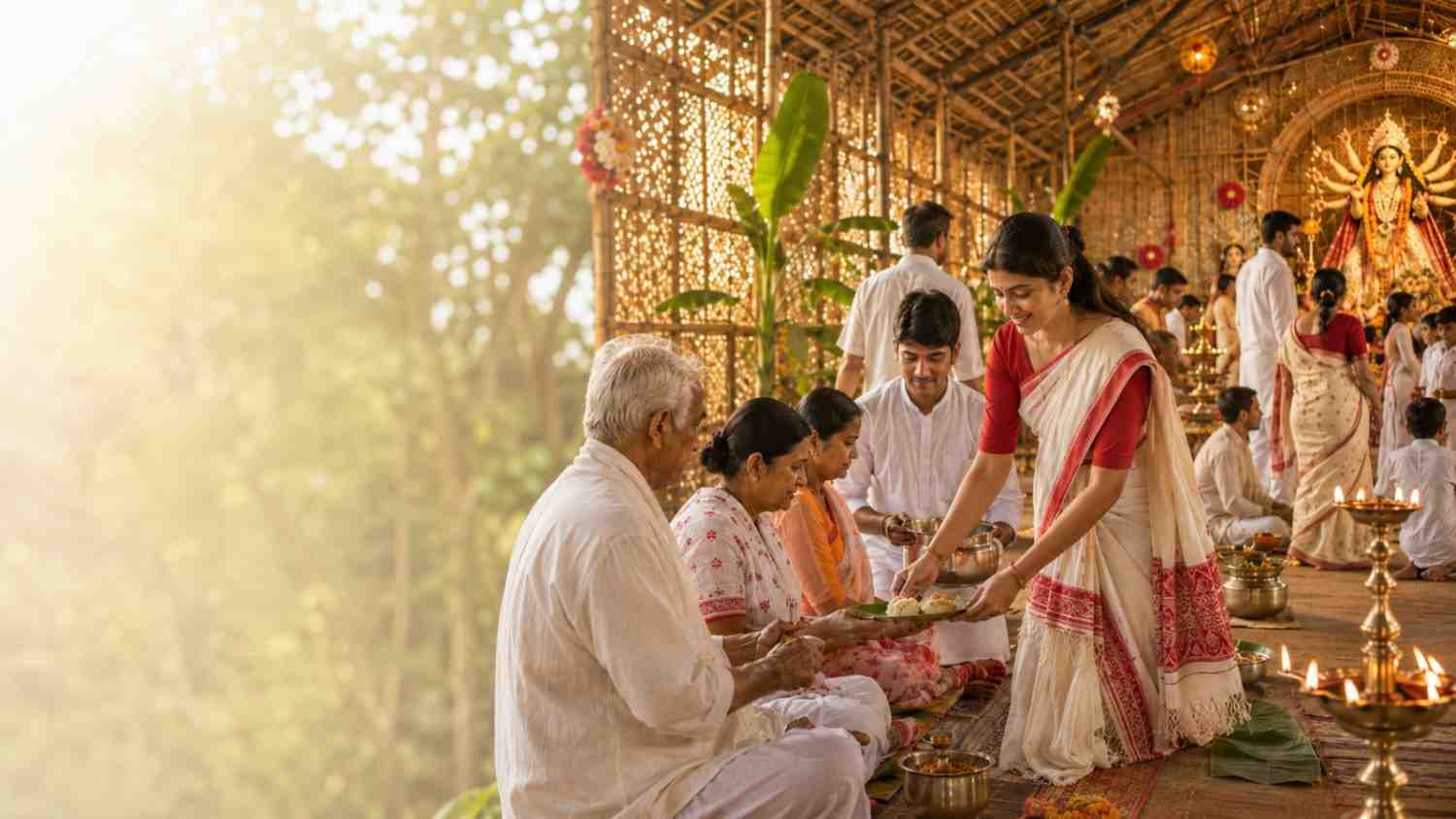 Traditional Durga Puja celebration in Assam with Assamese families, bamboo decorations and community worship