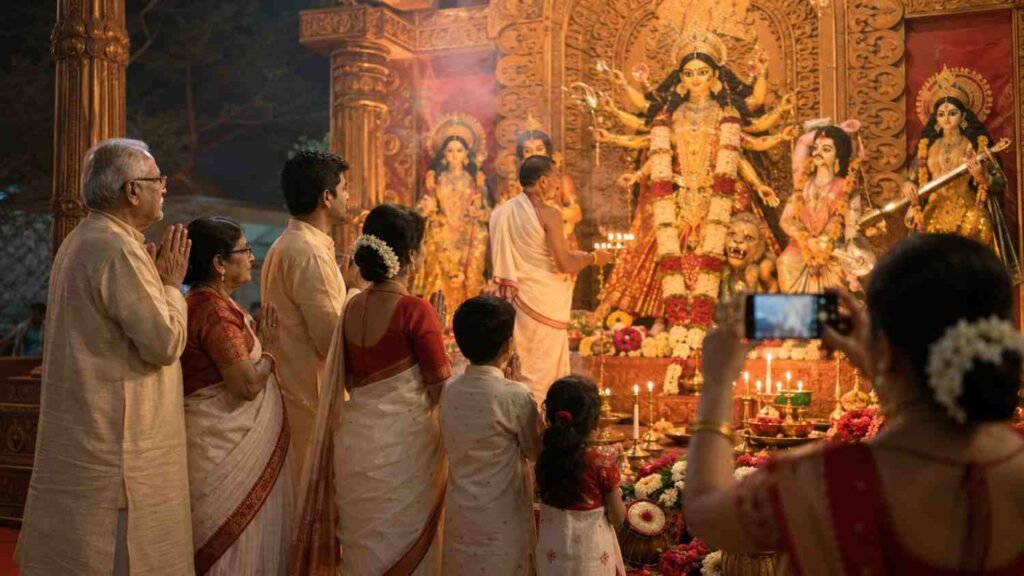 Bengali family creating a devotional festival memory for Durga Puja family captions